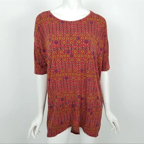 NWT Lularoe Womens Size XS Red Floral Print Irma Tunic Top Hi Low Short Sleeve - Picture 1 of 7